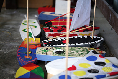 Model boats crafted by campers for the Luau Regatta at Seacamp